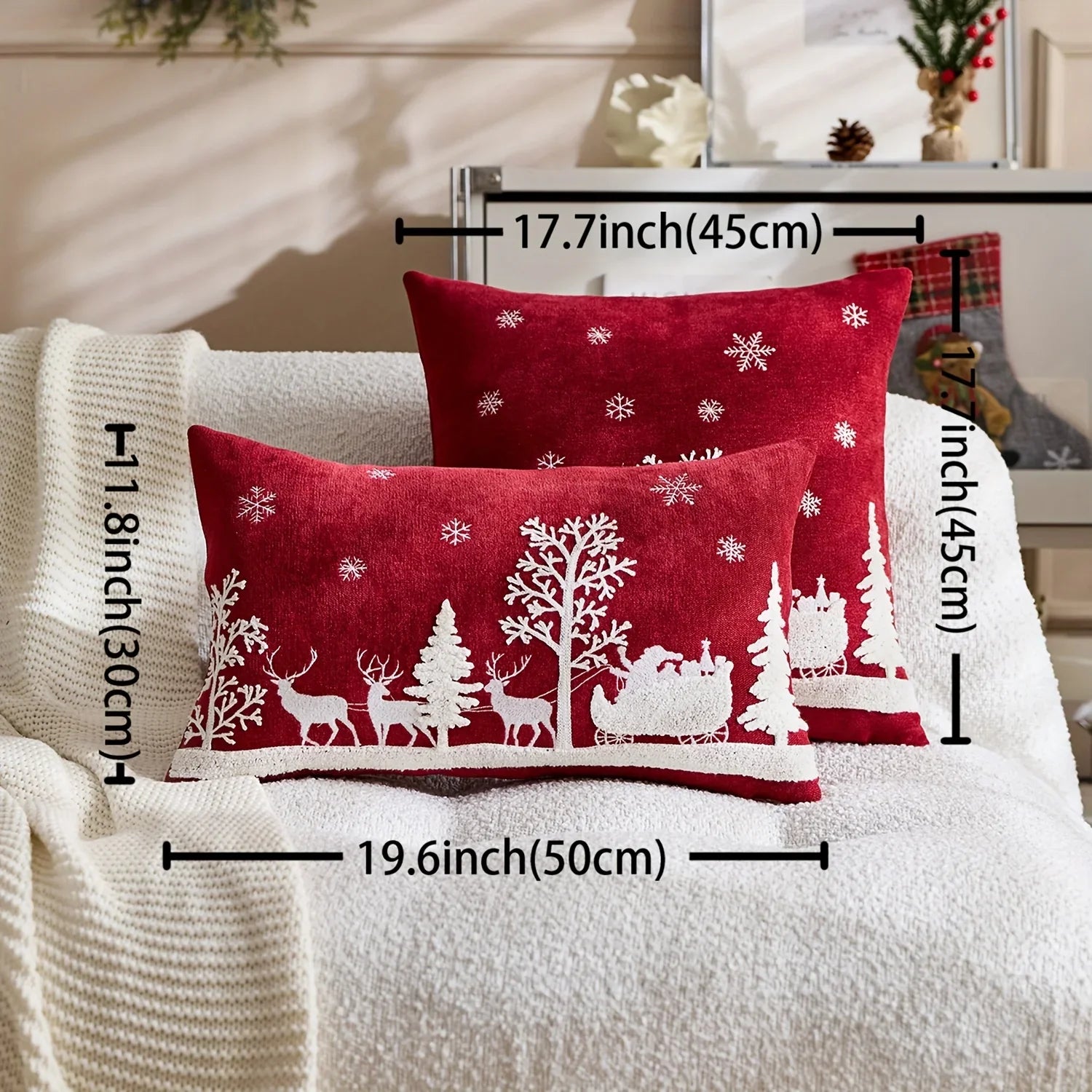 Chenille Christmas Pillowcase with Embroidered Santa Sled Design - House Of Avana