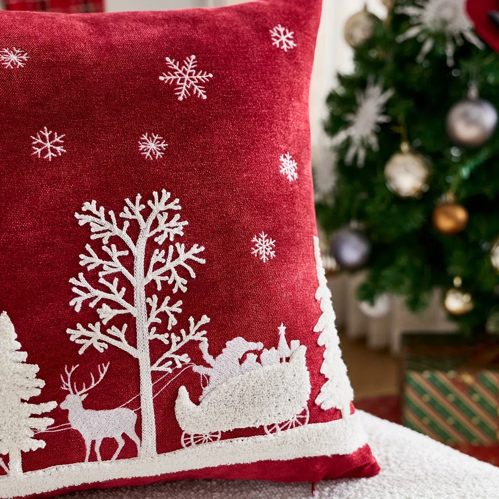 Chenille Christmas Pillowcase with Embroidered Santa Sled Design - House Of Avana