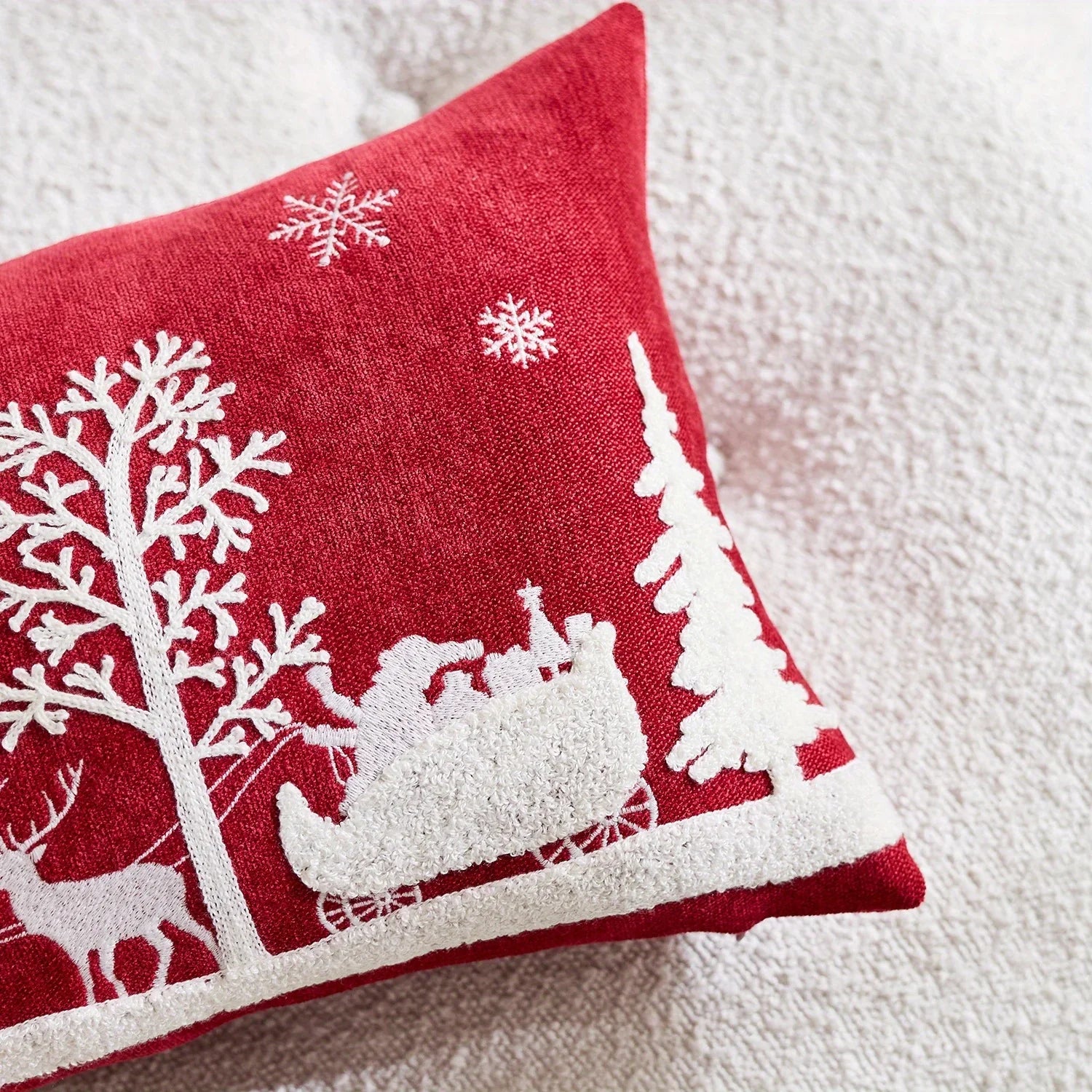 Chenille Christmas Pillowcase with Embroidered Santa Sled Design - House Of Avana