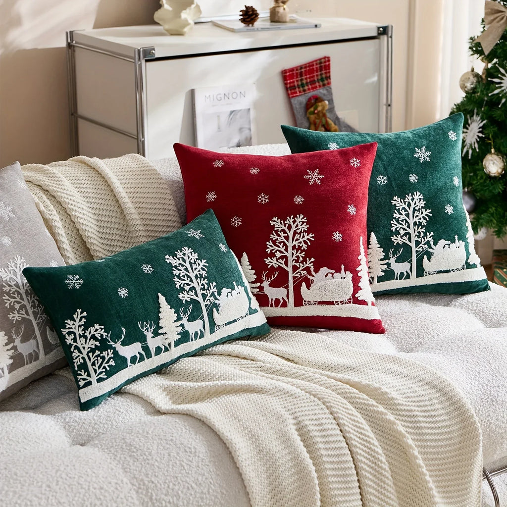 Chenille Christmas Pillowcase with Embroidered Santa Sled Design - House Of Avana