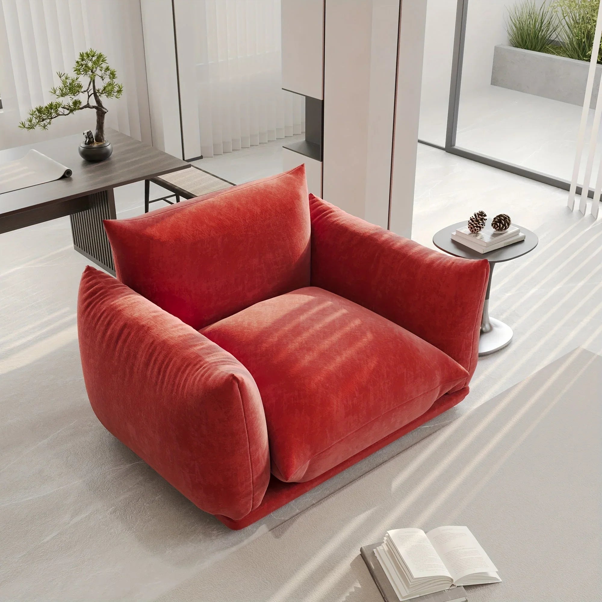 Beige chenille sofa chair in compact space, soft fabric upholstery - House of Avana