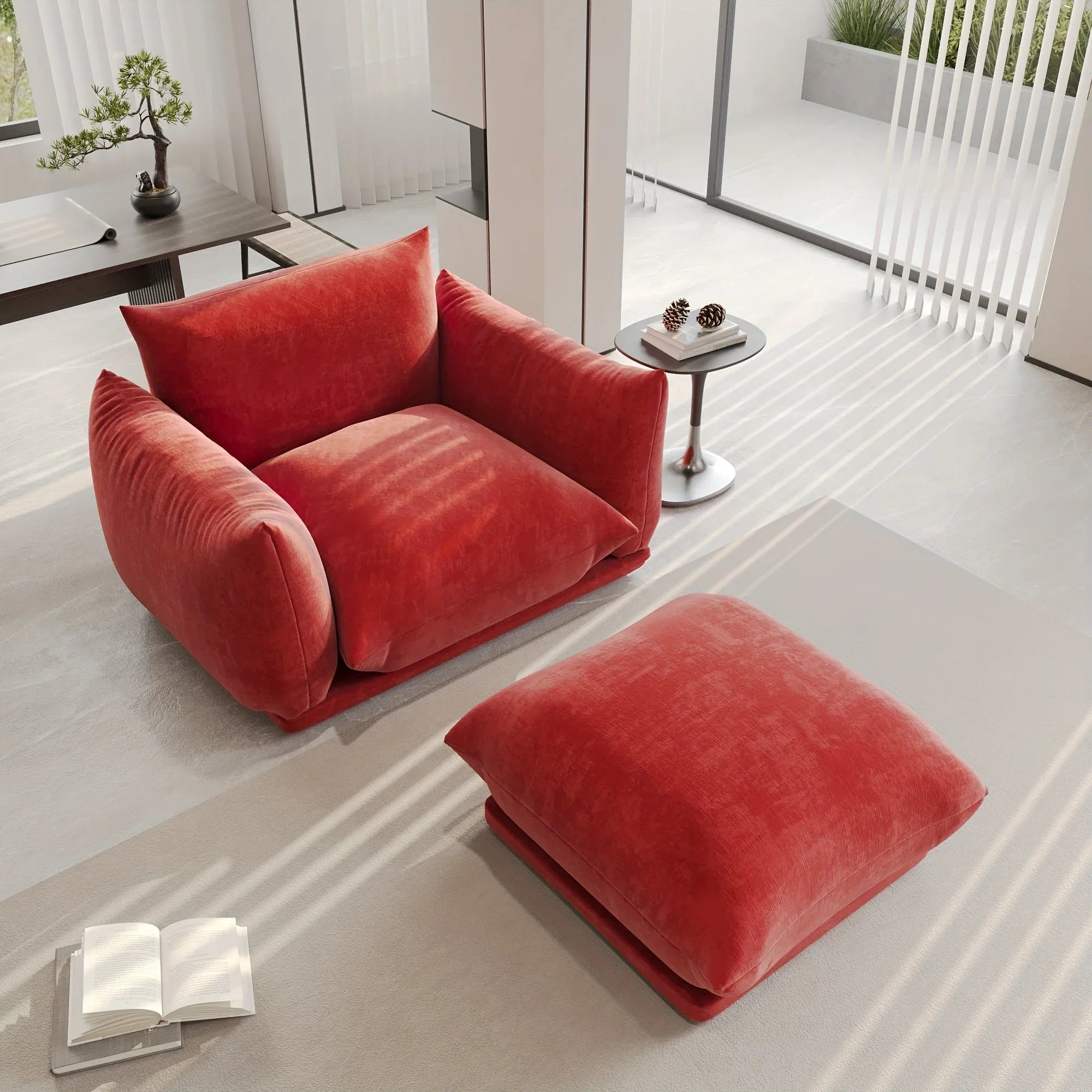Beige chenille sofa chair in compact space, soft fabric upholstery - House of Avana