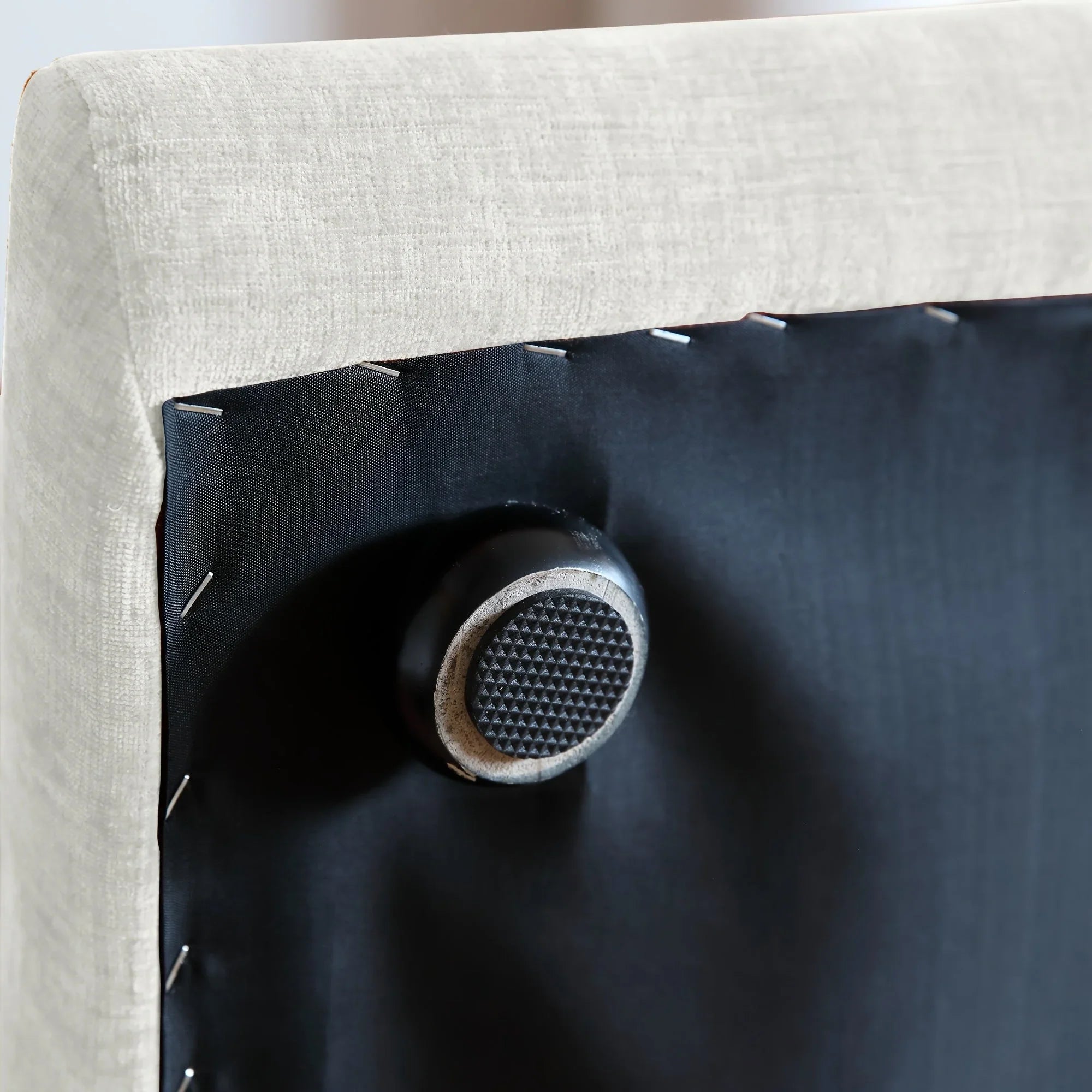 Beige chenille sofa chair in compact space, soft fabric upholstery - House of Avana