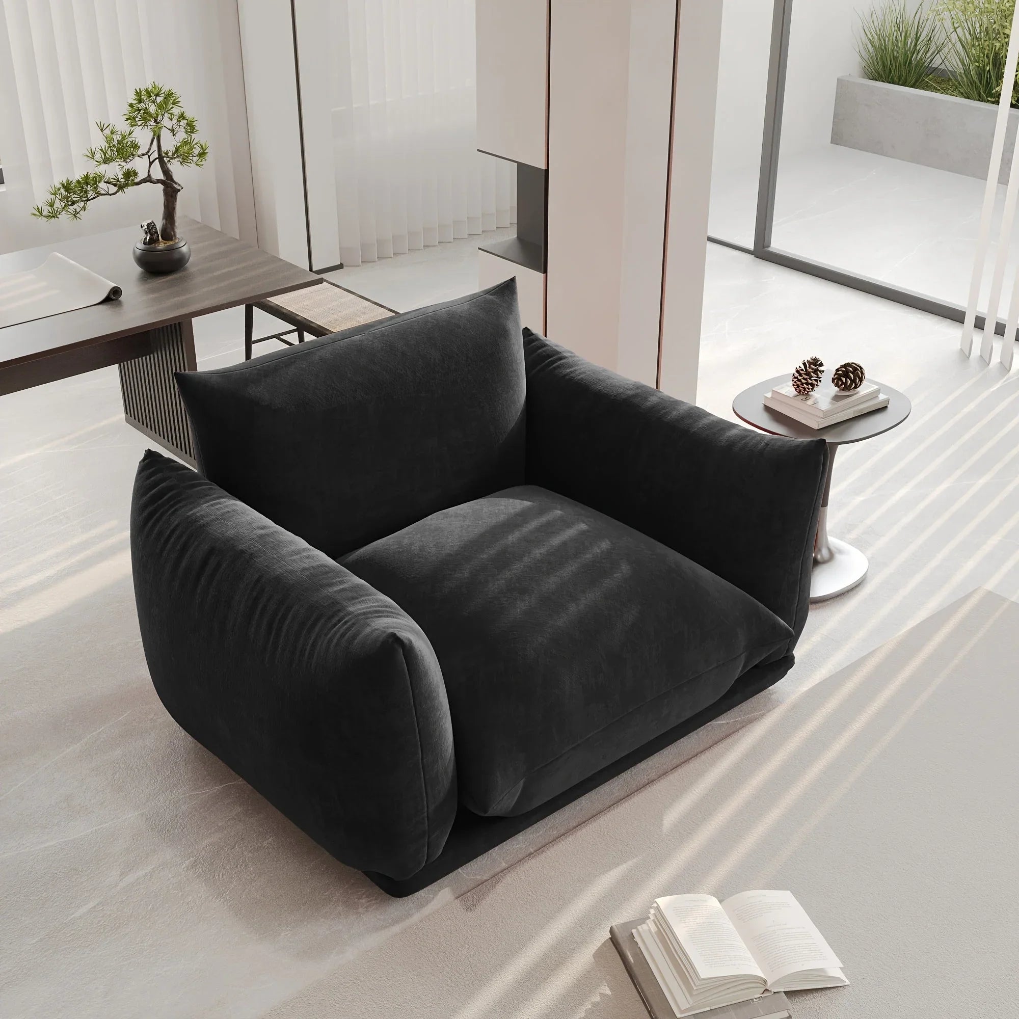 Beige chenille sofa chair in compact space, soft fabric upholstery - House of Avana