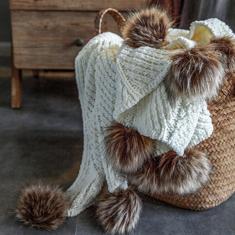 Chenille Throw with Pom Poms - 51"x63" Tea + Linen