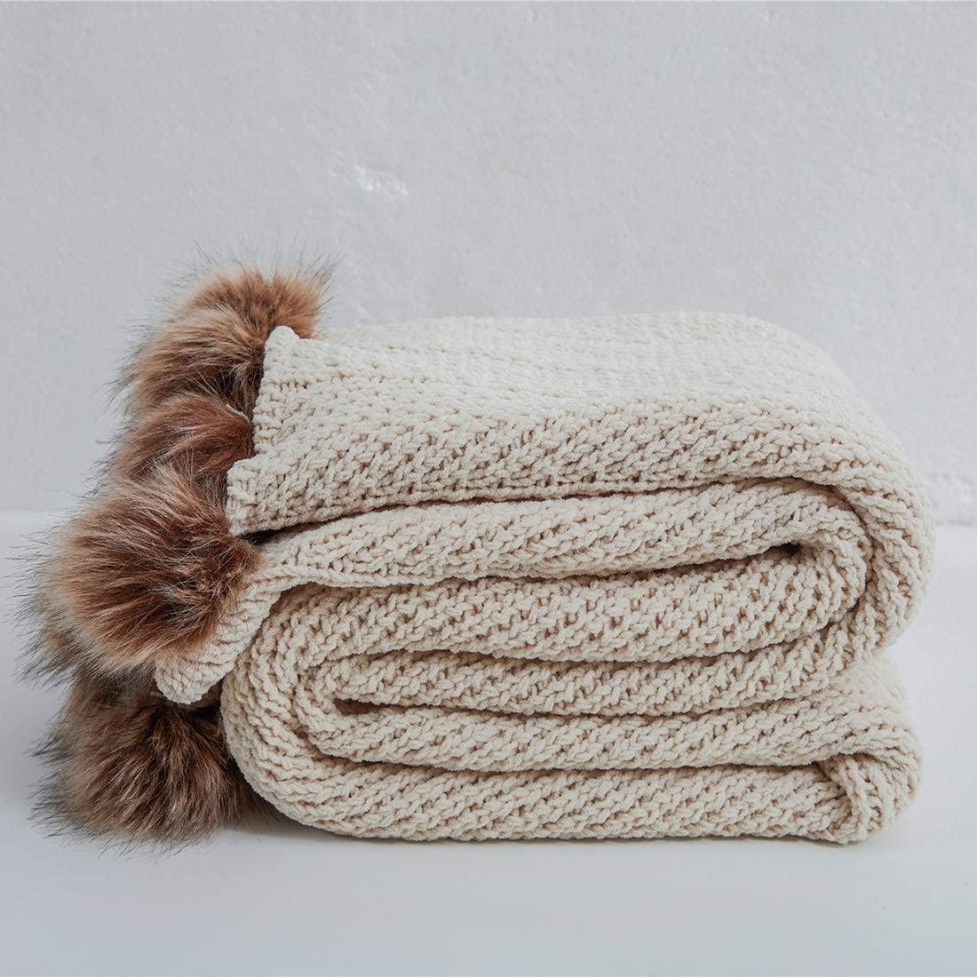 Chenille Throw with Pom Poms - 51"x63" Tea + Linen