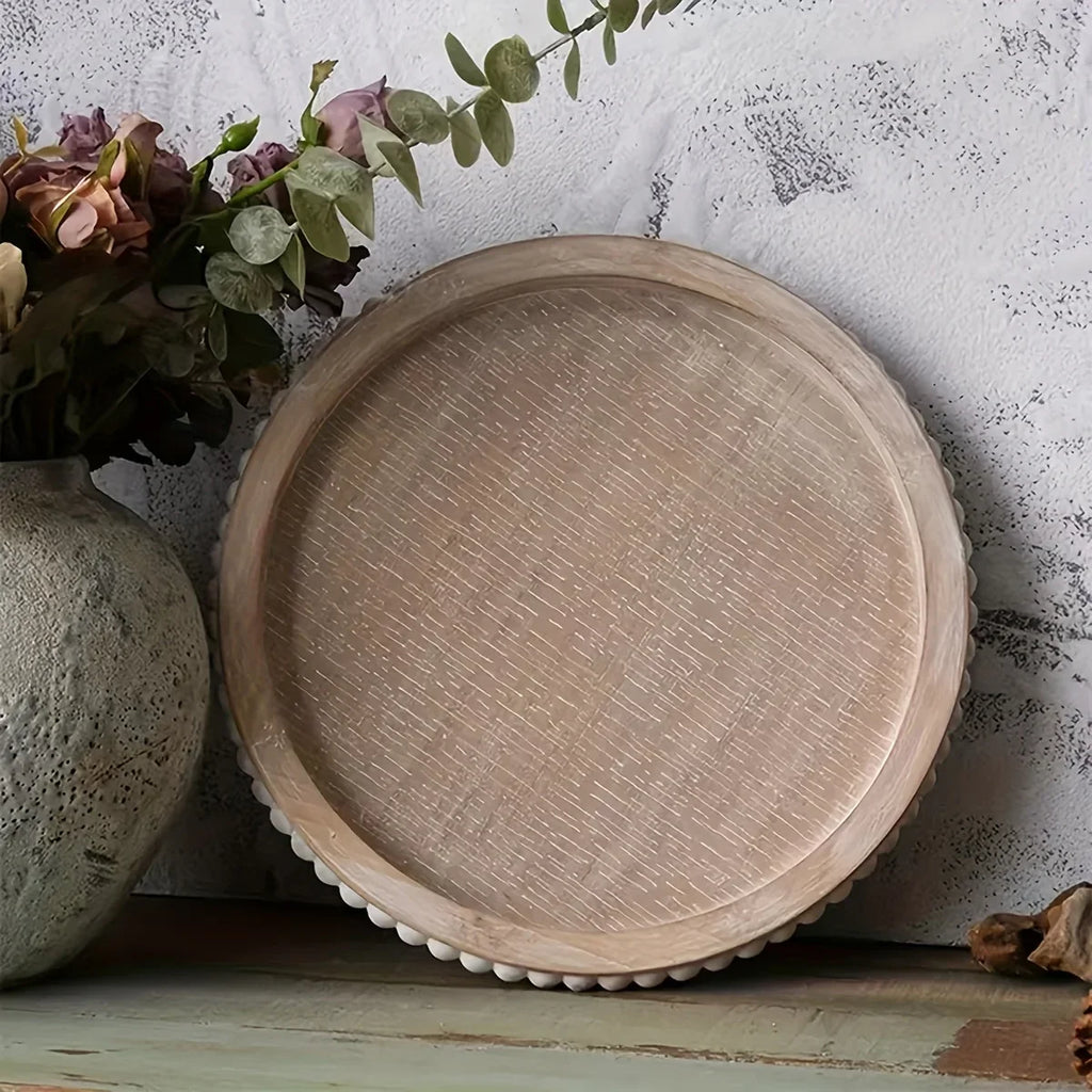 Chic 30.48cm White Wood Beaded Round Tray - Perfect for Living Room, Coffee Table & Farmhouse Decor |... - House Of Avana