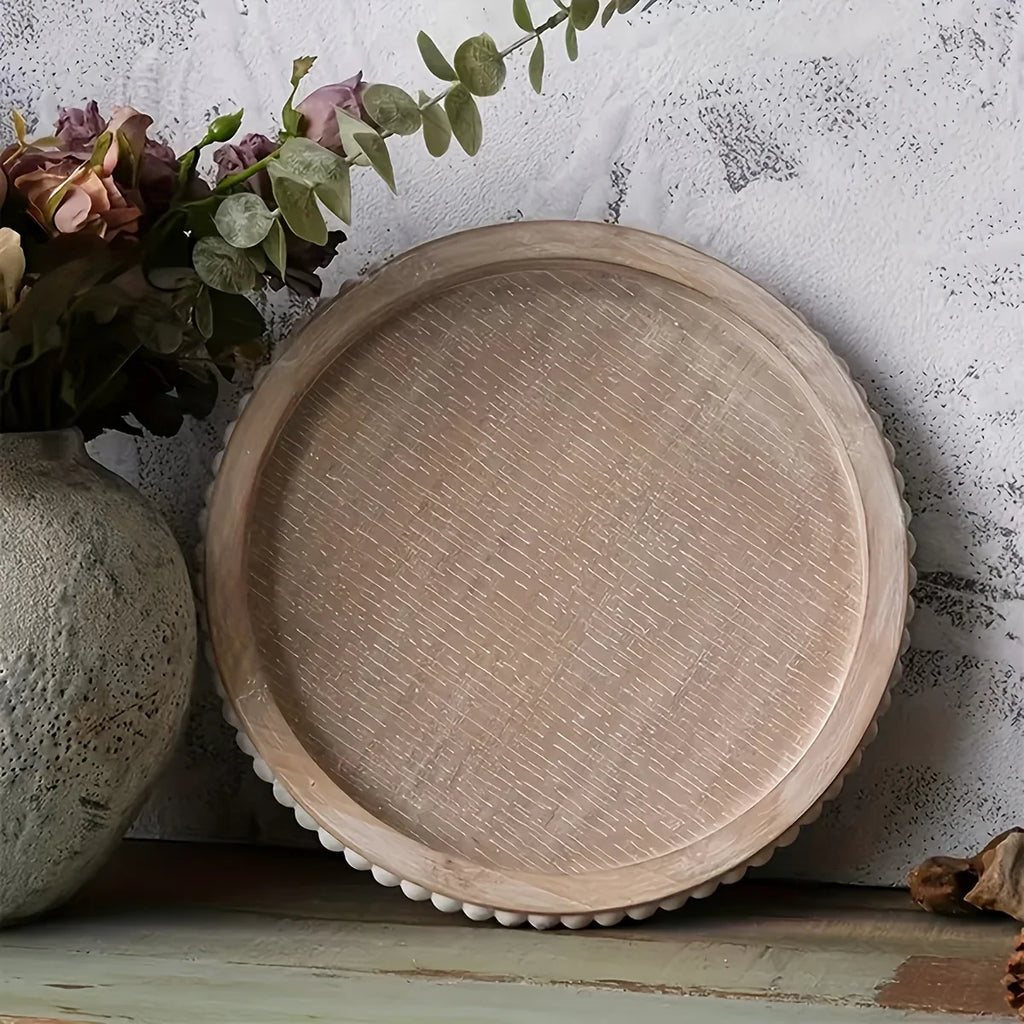 Chic 30.48cm White Wood Beaded Round Tray - Perfect for Living Room, Coffee Table & Farmhouse Decor |... - House Of Avana
