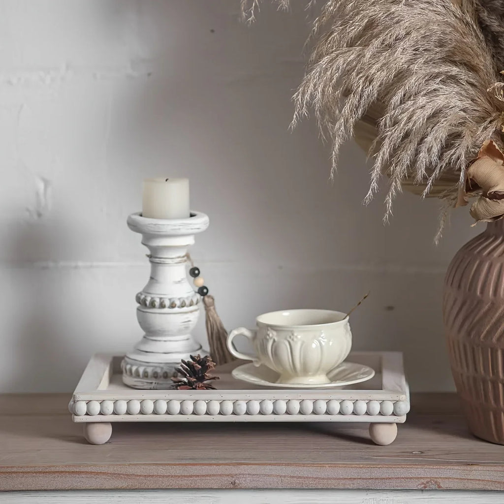 Chic 30.48cm White Wood Beaded Round Tray - Perfect for Living Room, Coffee Table & Farmhouse Decor |... - House Of Avana