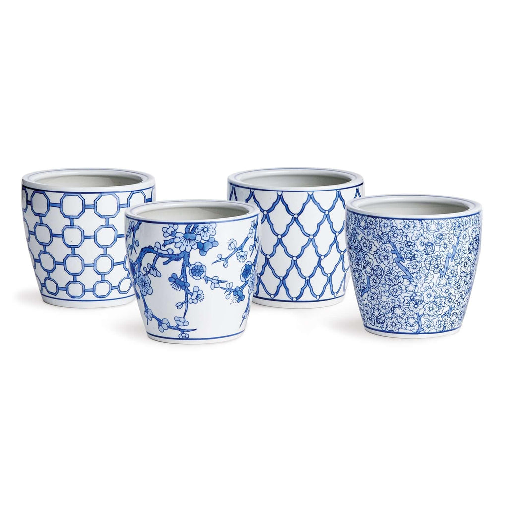 Chinoiserie Blue and White Pots with Floral and Geometric Patterns (Set of 4) Vintage Shopper