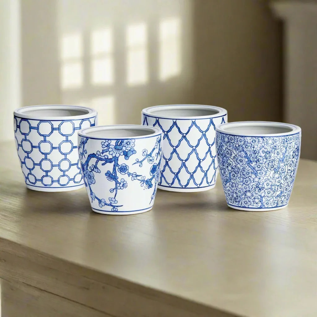 Blue and white ceramic pots, floral patterns, decorative set - House of Avana
