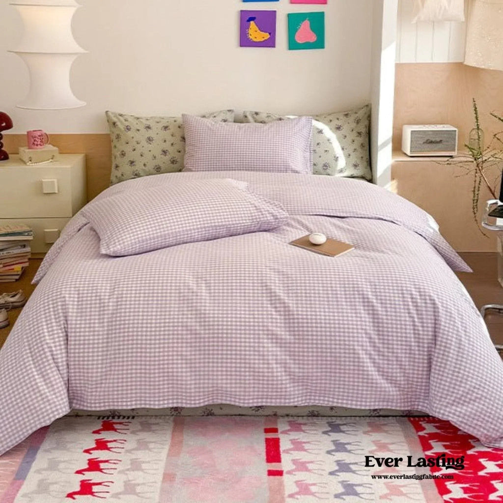 Chloe Pastel Candy Cotton Bedding Set / Purple Plaid Ever Lasting