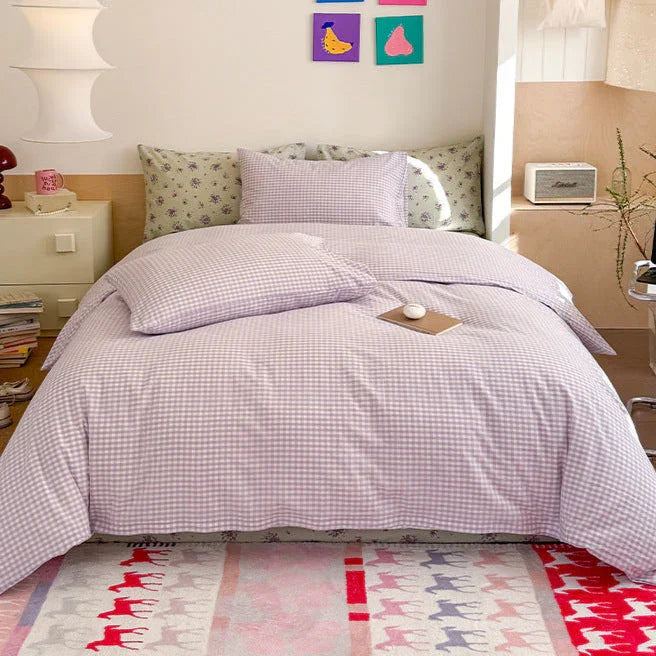 Chloe Pastel Candy Cotton Bedding Set / Purple Plaid Ever Lasting