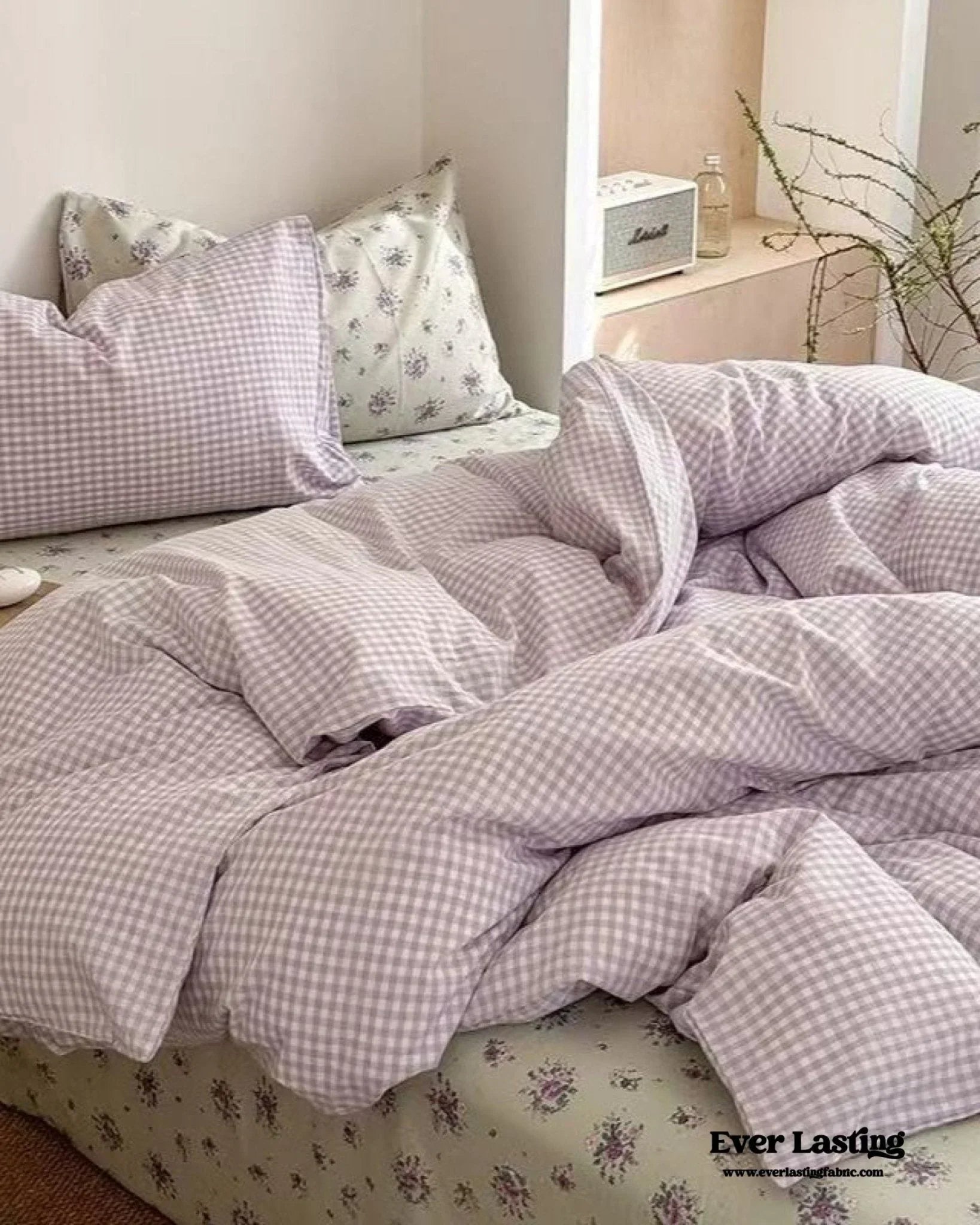 Chloe Pastel Candy Cotton Bedding Set / Purple Plaid Ever Lasting