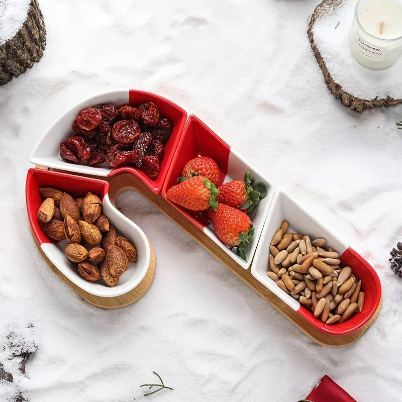 Christmas Candy Cane Tray with a Bamboo Base, Perfect for Festive Atmosphere, Snack Bowls, Dip Dishes, And Containers for Holiday Sweets And Desserts. House Of Avana