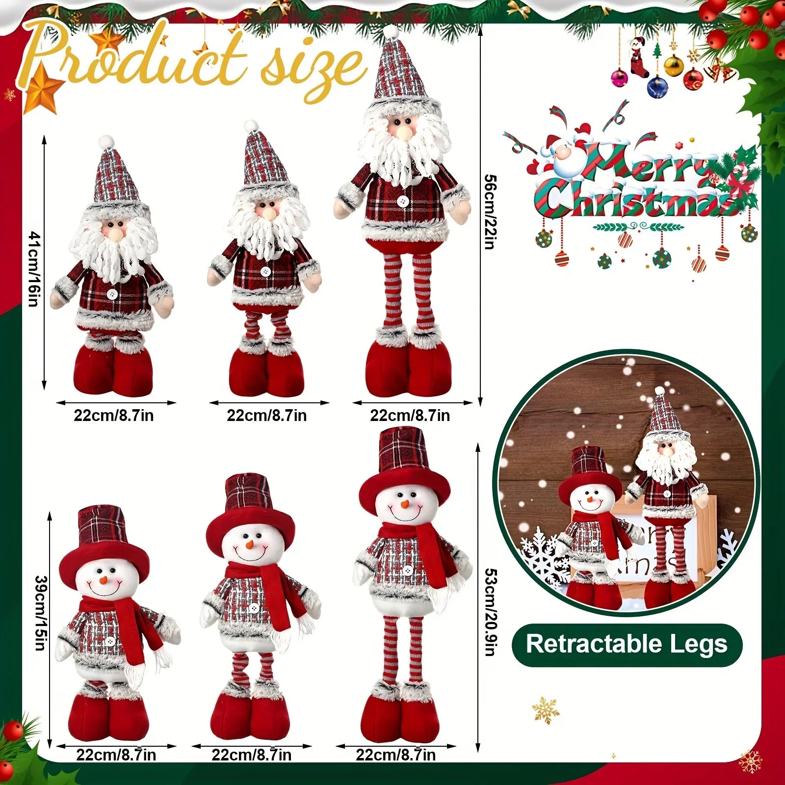 2pcs Christmas Gnome Plush Decorations-Long Leg Christmas Plush Doll, Stretchable Santa Claus And Snowman Figurines, Standing Dwarf Figurines for Shelf, Table, Fireplace, Room, Tieres Tray, Desk, Living Room, Dining Room, Cof House Of Avana