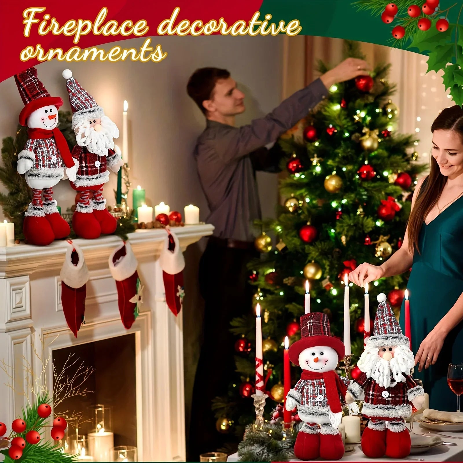 2pcs Christmas Gnome Plush Decorations-Long Leg Christmas Plush Doll, Stretchable Santa Claus And Snowman Figurines, Standing Dwarf Figurines for Shelf, Table, Fireplace, Room, Tieres Tray, Desk, Living Room, Dining Room, Cof House Of Avana