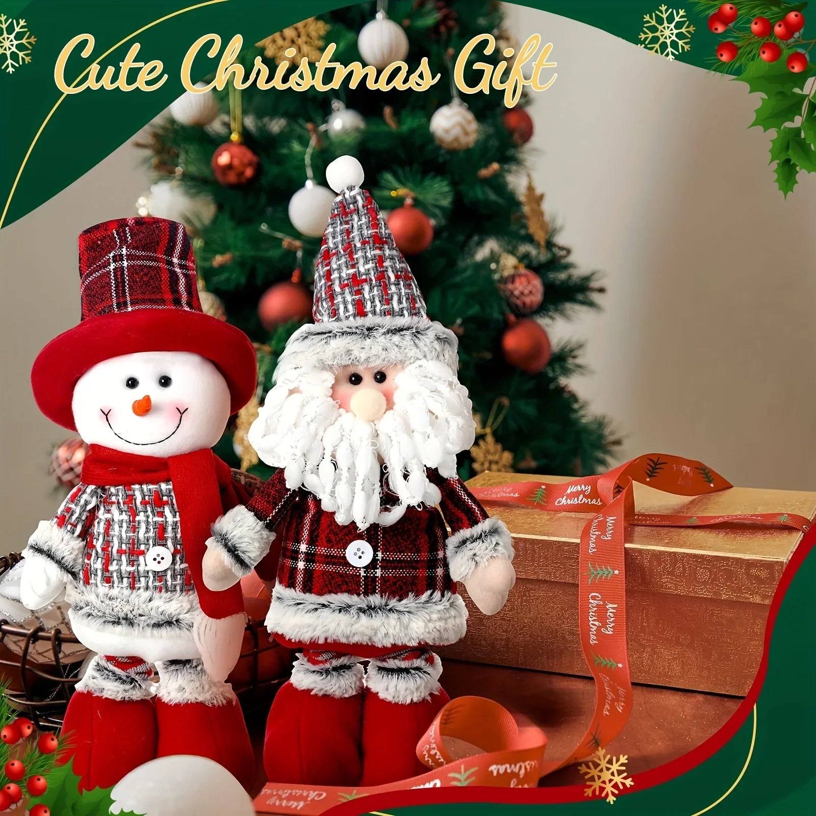 2pcs Christmas Gnome Plush Decorations-Long Leg Christmas Plush Doll, Stretchable Santa Claus And Snowman Figurines, Standing Dwarf Figurines for Shelf, Table, Fireplace, Room, Tieres Tray, Desk, Living Room, Dining Room, Cof House Of Avana