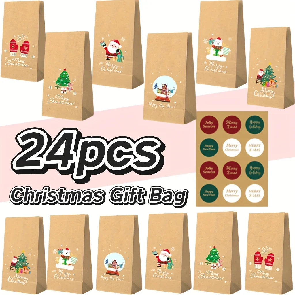 Christmas Kraft Paper Gift Bag Set, Durable High-Quality Premium Material, Holiday Design with 12 Bags & 12 Stickers, Festive Themes and Party Favors, Seasonal Packaging Decorative Wrapping, 24pcs, for Event Organizers House Of Avana