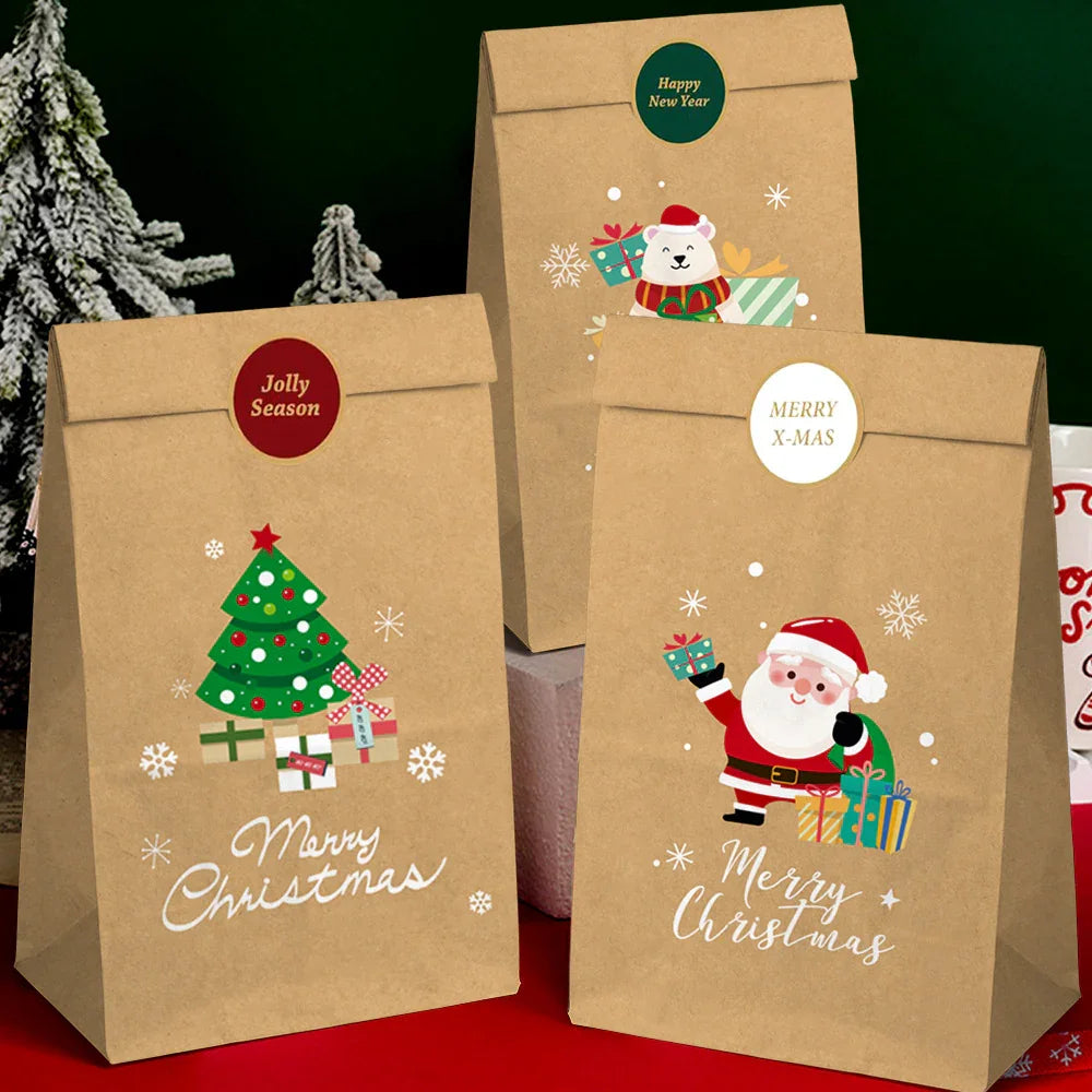 Christmas Kraft Paper Gift Bag Set, Durable High-Quality Premium Material, Holiday Design with 12 Bags & 12 Stickers, Festive Themes and Party Favors, Seasonal Packaging Decorative Wrapping, 24pcs, for Event Organizers House Of Avana