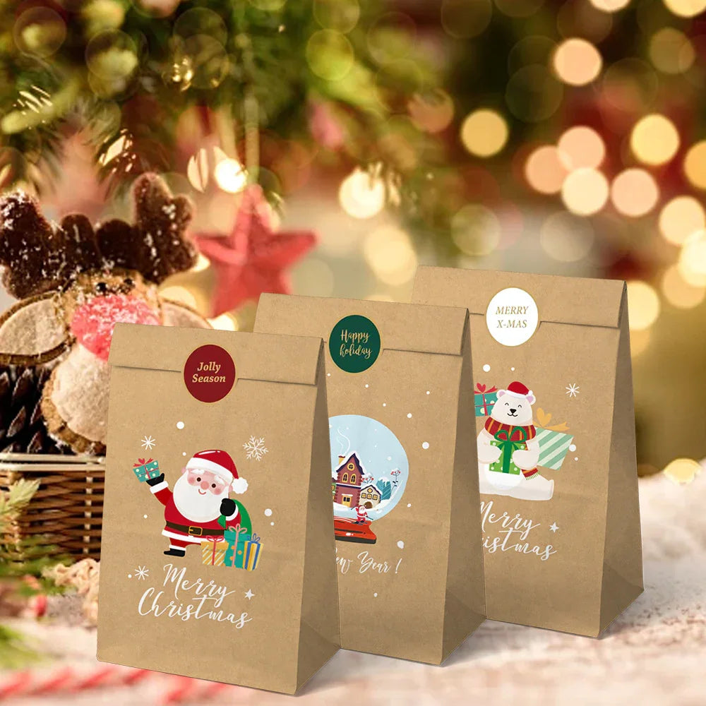 Christmas Kraft Paper Gift Bag Set, Durable High-Quality Premium Material, Holiday Design with 12 Bags & 12 Stickers, Festive Themes and Party Favors, Seasonal Packaging Decorative Wrapping, 24pcs, for Event Organizers House Of Avana