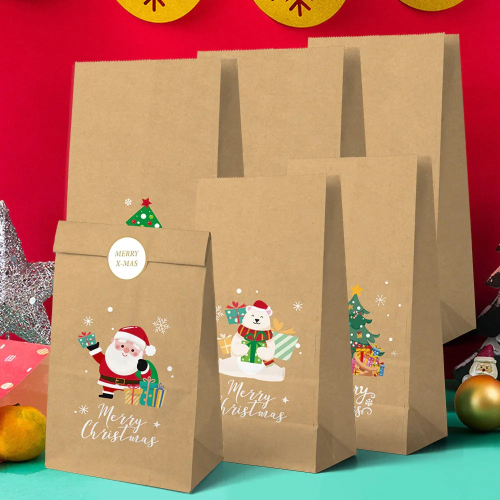 Christmas Kraft Paper Gift Bag Set, Durable High-Quality Premium Material, Holiday Design with 12 Bags & 12 Stickers, Festive Themes and Party Favors, Seasonal Packaging Decorative Wrapping, 24pcs, for Event Organizers House Of Avana