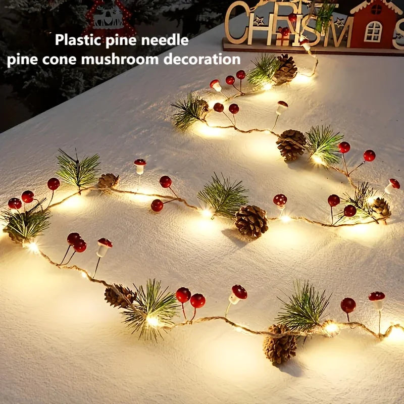 [Christmas Light String] Christmas Decoration Light String | 1pc, Green Leaf Pine Needle (Plastic Pine Cone) Mushroom Light, 6.56 Feet 20 LED, No Battery - New Year, Office, Room, Wedding, Home Wall Decoration House Of Avana