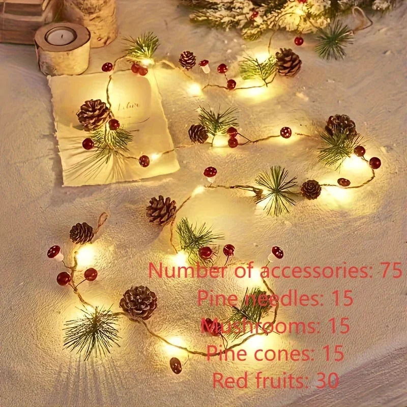 [Christmas Light String] Christmas Decoration Light String | 1pc, Green Leaf Pine Needle (Plastic Pine Cone) Mushroom Light, 6.56 Feet 20 LED, No Battery - New Year, Office, Room, Wedding, Home Wall Decoration House Of Avana