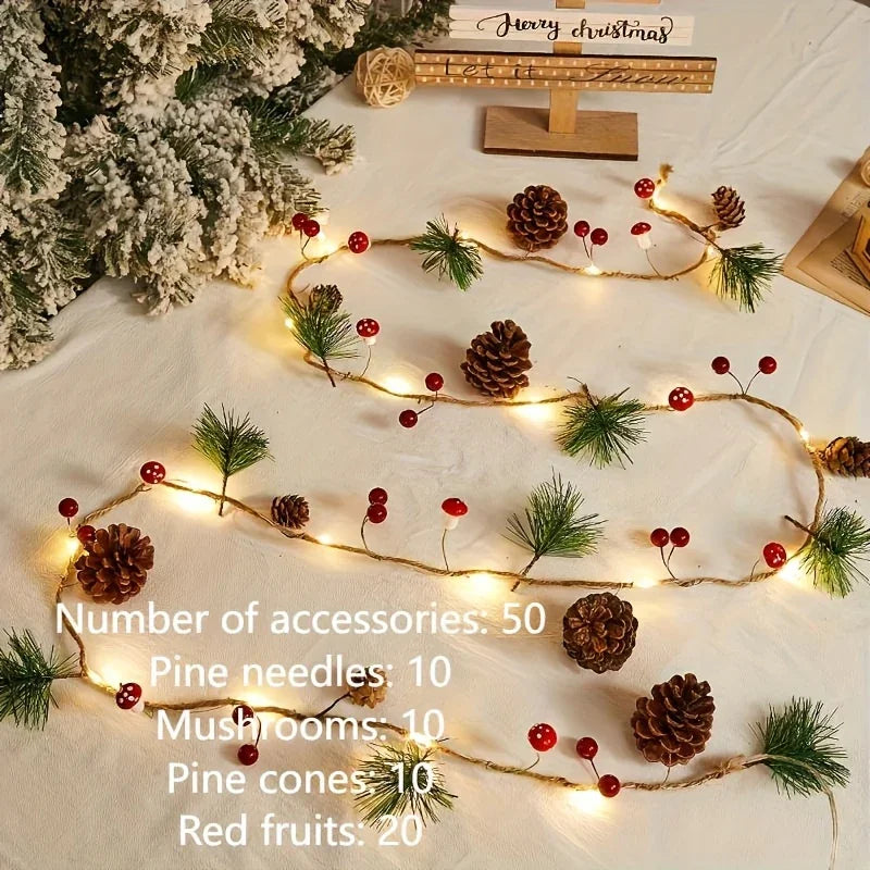 [Christmas Light String] Christmas Decoration Light String | 1pc, Green Leaf Pine Needle (Plastic Pine Cone) Mushroom Light, 6.56 Feet 20 LED, No Battery - New Year, Office, Room, Wedding, Home Wall Decoration House Of Avana