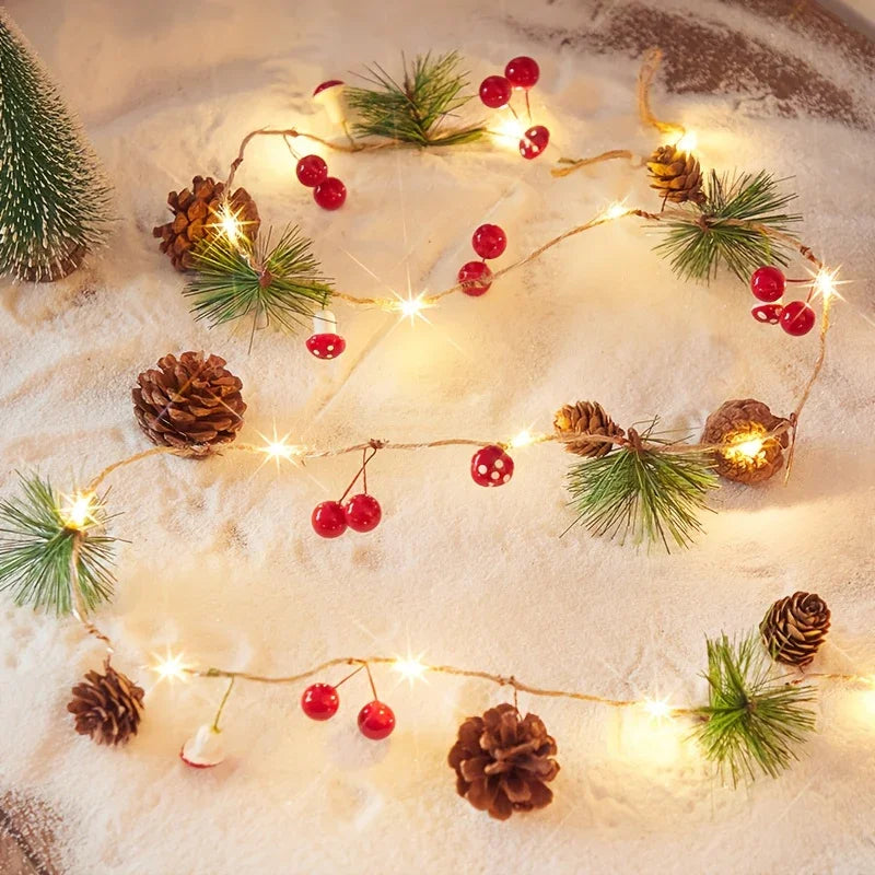 [Christmas Light String] Christmas Decoration Light String | 1pc, Green Leaf Pine Needle (Plastic Pine Cone) Mushroom Light, 6.56 Feet 20 LED, No Battery - New Year, Office, Room, Wedding, Home Wall Decoration House Of Avana