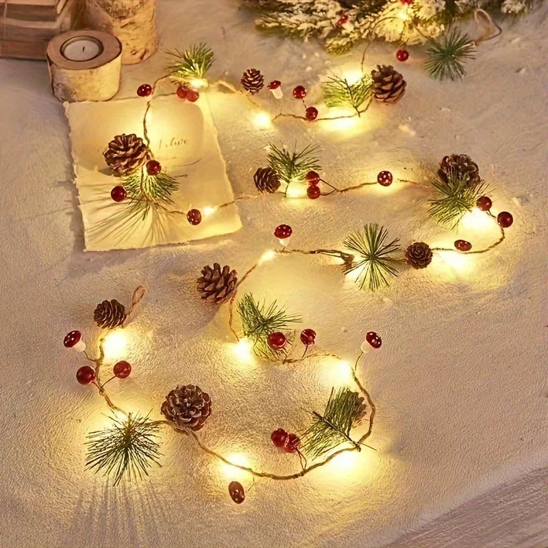 [Christmas Light String] Christmas Decoration Light String | 1pc, Green Leaf Pine Needle (Plastic Pine Cone) Mushroom Light, 6.56 Feet 20 LED, No Battery - New Year, Office, Room, Wedding, Home Wall Decoration House Of Avana
