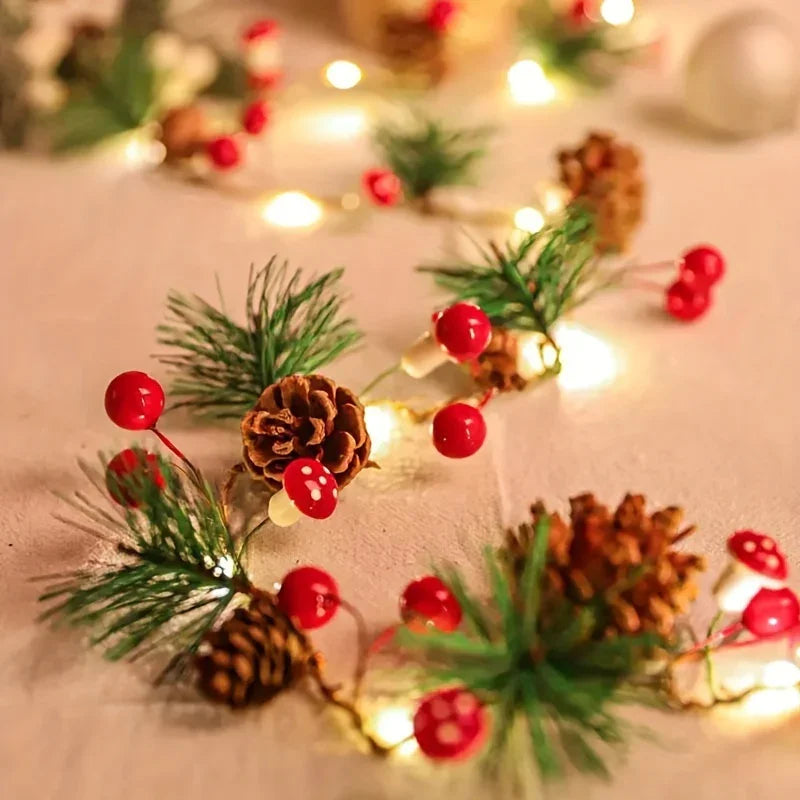 [Christmas Light String] Christmas Decoration Light String | 1pc, Green Leaf Pine Needle (Plastic Pine Cone) Mushroom Light, 6.56 Feet 20 LED, No Battery - New Year, Office, Room, Wedding, Home Wall Decoration House Of Avana