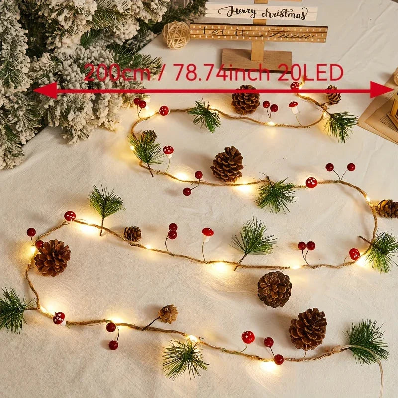 [Christmas Light String] Christmas Decoration Light String | 1pc, Green Leaf Pine Needle (Plastic Pine Cone) Mushroom Light, 6.56 Feet 20 LED, No Battery - New Year, Office, Room, Wedding, Home Wall Decoration House Of Avana