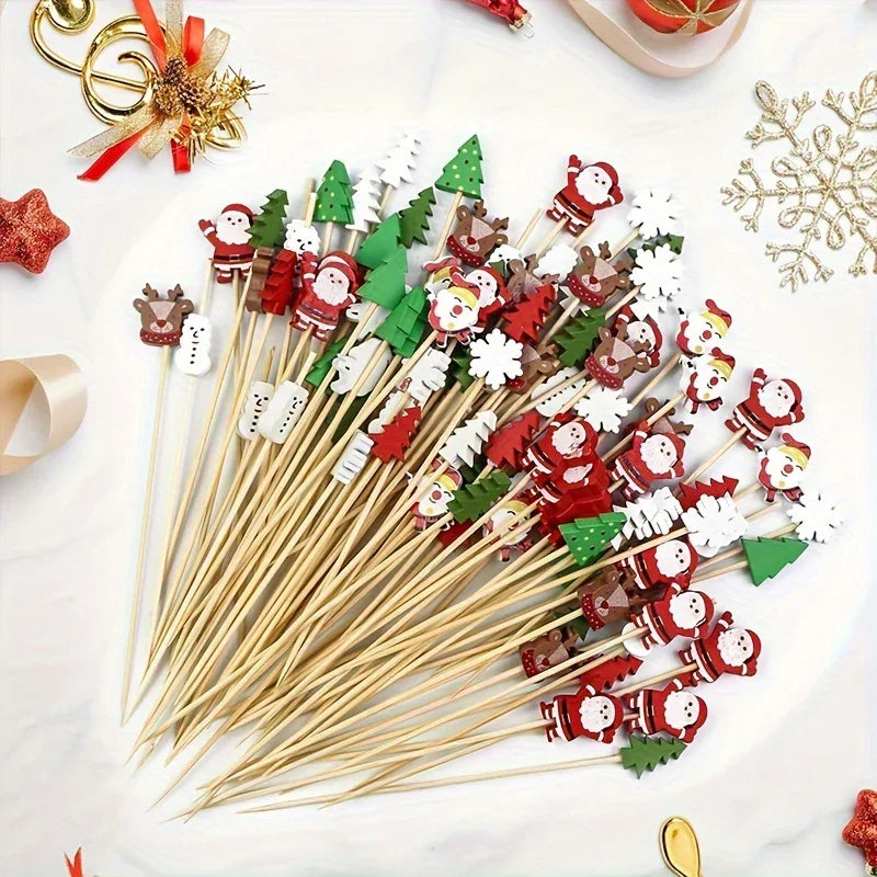 [Christmas Party Supplies] 30pcs Festive Christmas Roostertail Picks Set - Holiday Party Supplies with Snowflakes, Snowmen, Reindeer & Designs, Seasonal Table Decor, Hand Wash Only House Of Avana