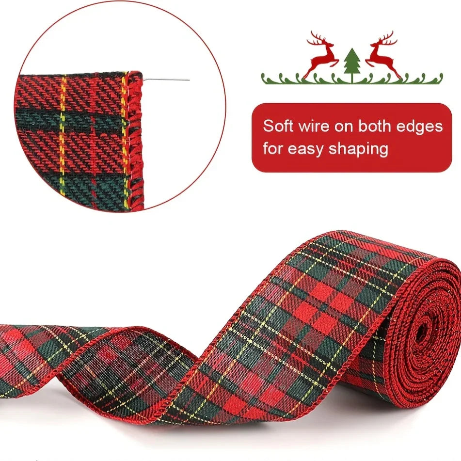 [Christmas Plaid Ribbon] 1 Roll/2 Rolls Red and Green Plaid Christmas Ribbon | 5 Yards, 2.5 inch Wired for Christmas Tree, Bow Making, Wreath Making, Holiday Decorations House Of Avana