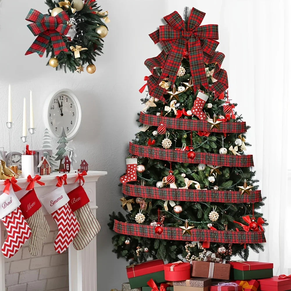 [Christmas Plaid Ribbon] 1 Roll/2 Rolls Red and Green Plaid Christmas Ribbon | 5 Yards, 2.5 inch Wired for Christmas Tree, Bow Making, Wreath Making, Holiday Decorations House Of Avana