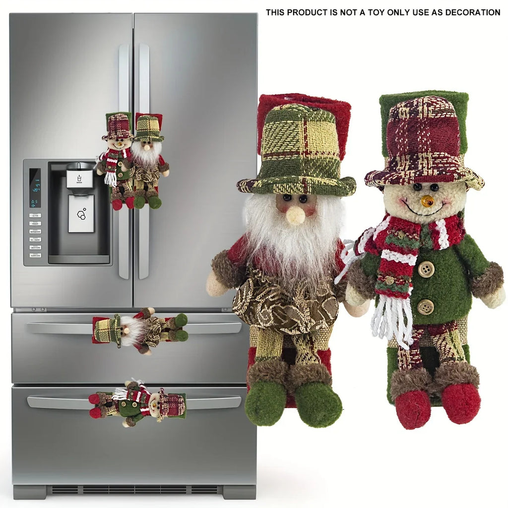 2-Pack Christmas Refrigerator Door Handle Covers, Vintage Plaid Fabric Santa & Snowman Kitchen Appliance Handle Covers, Polyester Non-Electric Festive Decor for Fridge, Microwave, Dishwasher - Universal Holiday Anniversary Pa House Of Avana