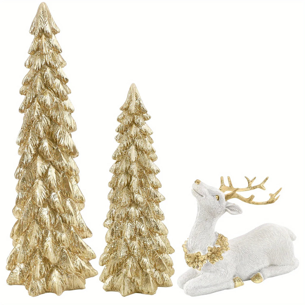 3pcs Christmas Tree & Reindeer Statue Christmas Decoration Set - 2 Sparkling Christmas Tree Statues And 1 Deer Vintage Christmas Decoration Set, Resin Ornaments Tabletop Shelf Office Indoor Display Stand, Resin Figurine, Tabl House Of Avana