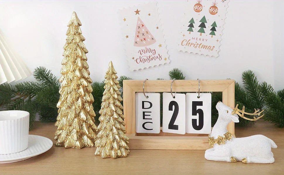 3pcs Christmas Tree & Reindeer Statue Christmas Decoration Set - 2 Sparkling Christmas Tree Statues And 1 Deer Vintage Christmas Decoration Set, Resin Ornaments Tabletop Shelf Office Indoor Display Stand, Resin Figurine, Tabl House Of Avana