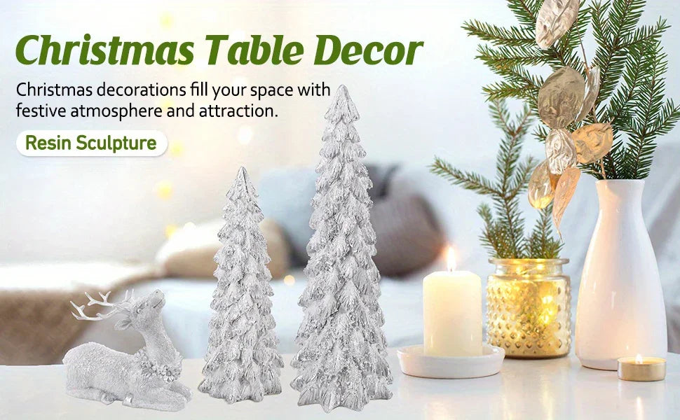 3pcs Christmas Tree & Reindeer Statue Christmas Decoration Set - 2 Sparkling Christmas Tree Statues And 1 Deer Vintage Christmas Decoration Set, Resin Ornaments Tabletop Shelf Office Indoor Display Stand, Resin Figurine, Tabl House Of Avana