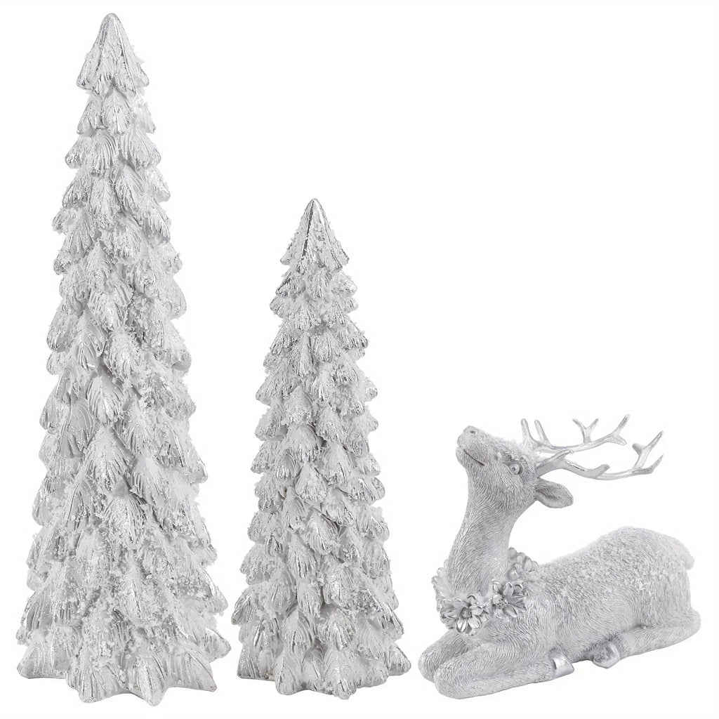 3pcs Christmas Tree & Reindeer Statue Christmas Decoration Set - 2 Sparkling Christmas Tree Statues And 1 Deer Vintage Christmas Decoration Set, Resin Ornaments Tabletop Shelf Office Indoor Display Stand, Resin Figurine, Tabl House Of Avana