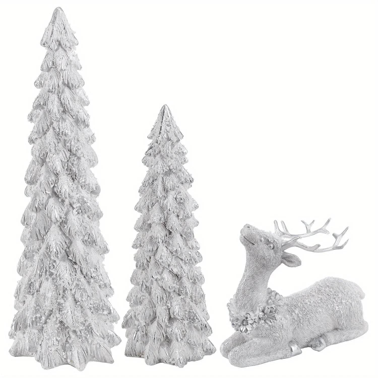 3pcs Christmas Tree & Reindeer Statue Christmas Decoration Set - 2 Sparkling Christmas Tree Statues And 1 Deer Vintage Christmas Decoration Set, Resin Ornaments Tabletop Shelf Office Indoor Display Stand, Resin Figurine, Tabl House Of Avana