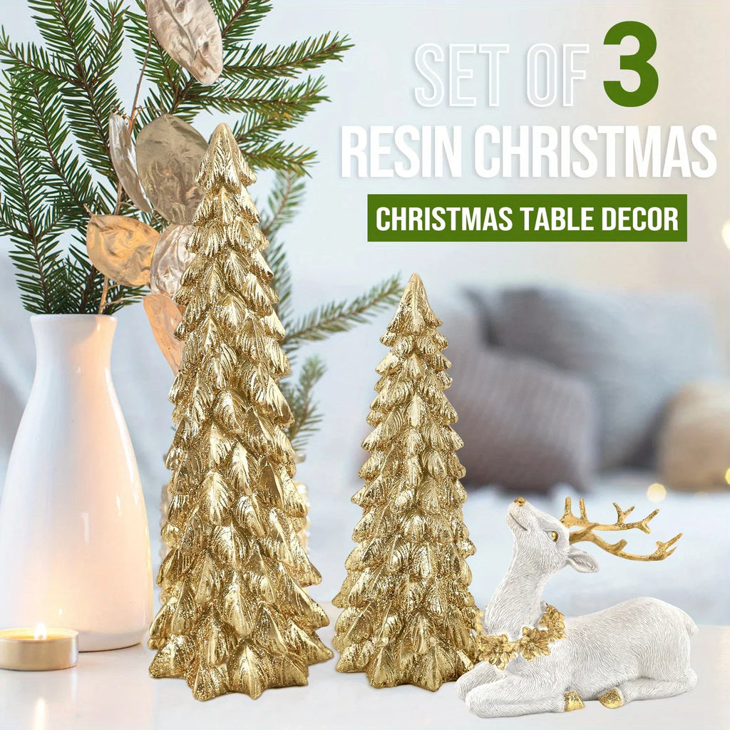 3pcs Christmas Tree & Reindeer Statue Christmas Decoration Set - 2 Sparkling Christmas Tree Statues And 1 Deer Vintage Christmas Decoration Set, Resin Ornaments Tabletop Shelf Office Indoor Display Stand, Resin Figurine, Tabl House Of Avana