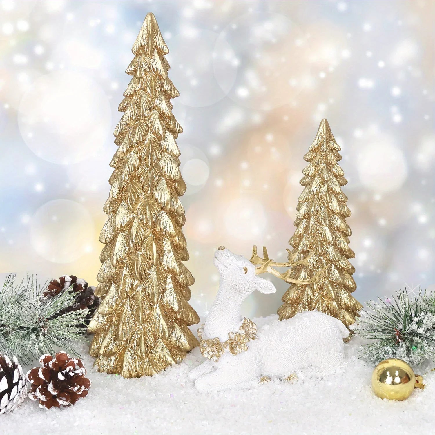 3pcs Christmas Tree & Reindeer Statue Christmas Decoration Set - 2 Sparkling Christmas Tree Statues And 1 Deer Vintage Christmas Decoration Set, Resin Ornaments Tabletop Shelf Office Indoor Display Stand, Resin Figurine, Tabl House Of Avana