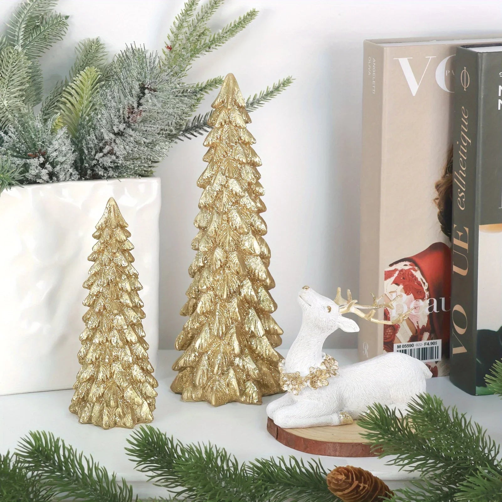 3pcs Christmas Tree & Reindeer Statue Christmas Decoration Set - 2 Sparkling Christmas Tree Statues And 1 Deer Vintage Christmas Decoration Set, Resin Ornaments Tabletop Shelf Office Indoor Display Stand, Resin Figurine, Tabl House Of Avana