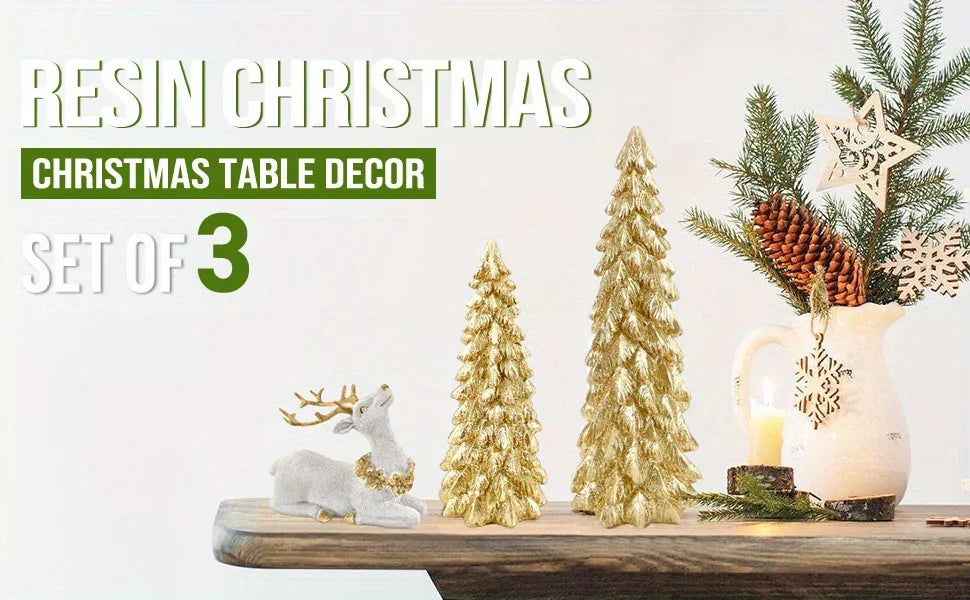 3pcs Christmas Tree & Reindeer Statue Christmas Decoration Set - 2 Sparkling Christmas Tree Statues And 1 Deer Vintage Christmas Decoration Set, Resin Ornaments Tabletop Shelf Office Indoor Display Stand, Resin Figurine, Tabl House Of Avana