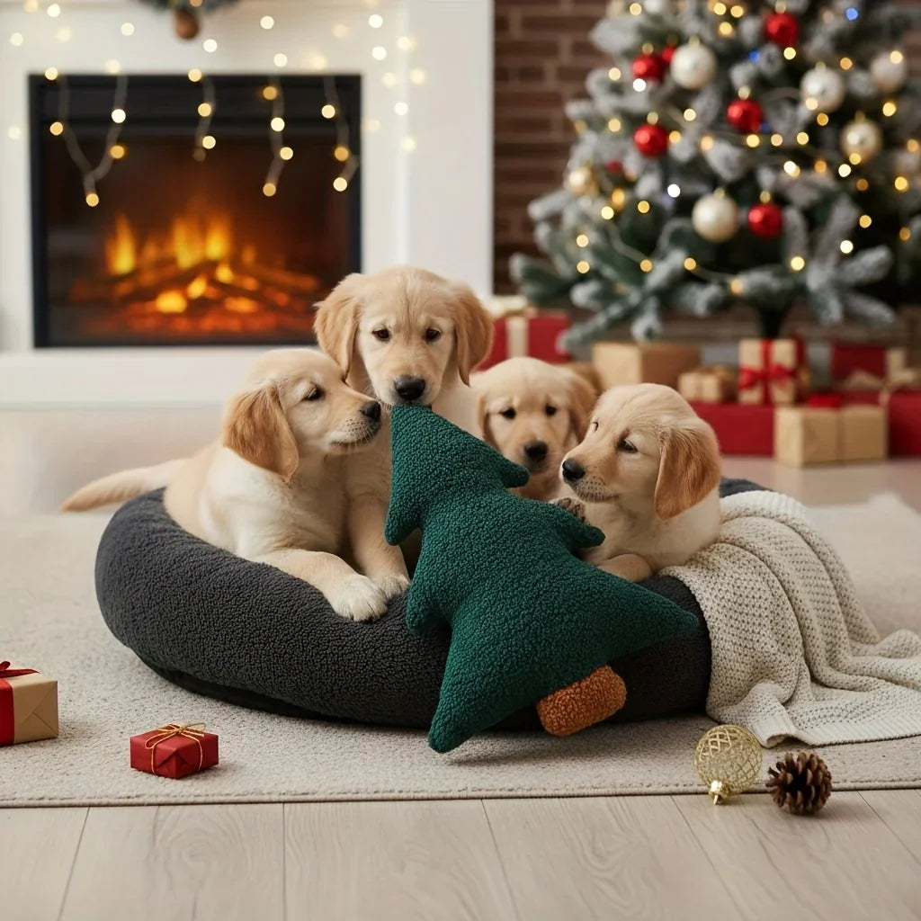 Christmas Tree Plush Dog Toy - Soft Chew Pillow for Puppies & Adult Dogs, Durable Washable Holiday Gift with Festive Red & Green Design House Of Avana