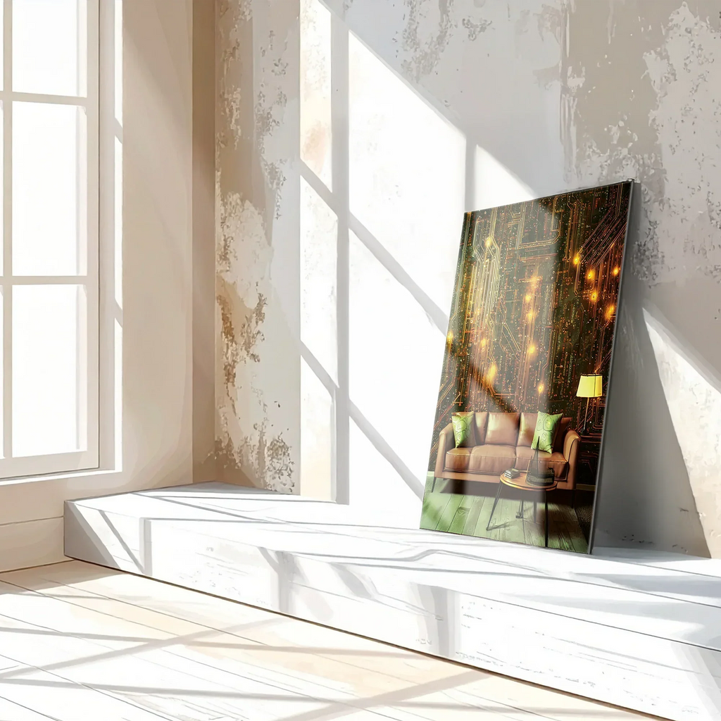 Circuit Board Living Room Glass Wall Art – Futuristic Tech-Inspired Home Scene-KAFCD010 Peony Atelier