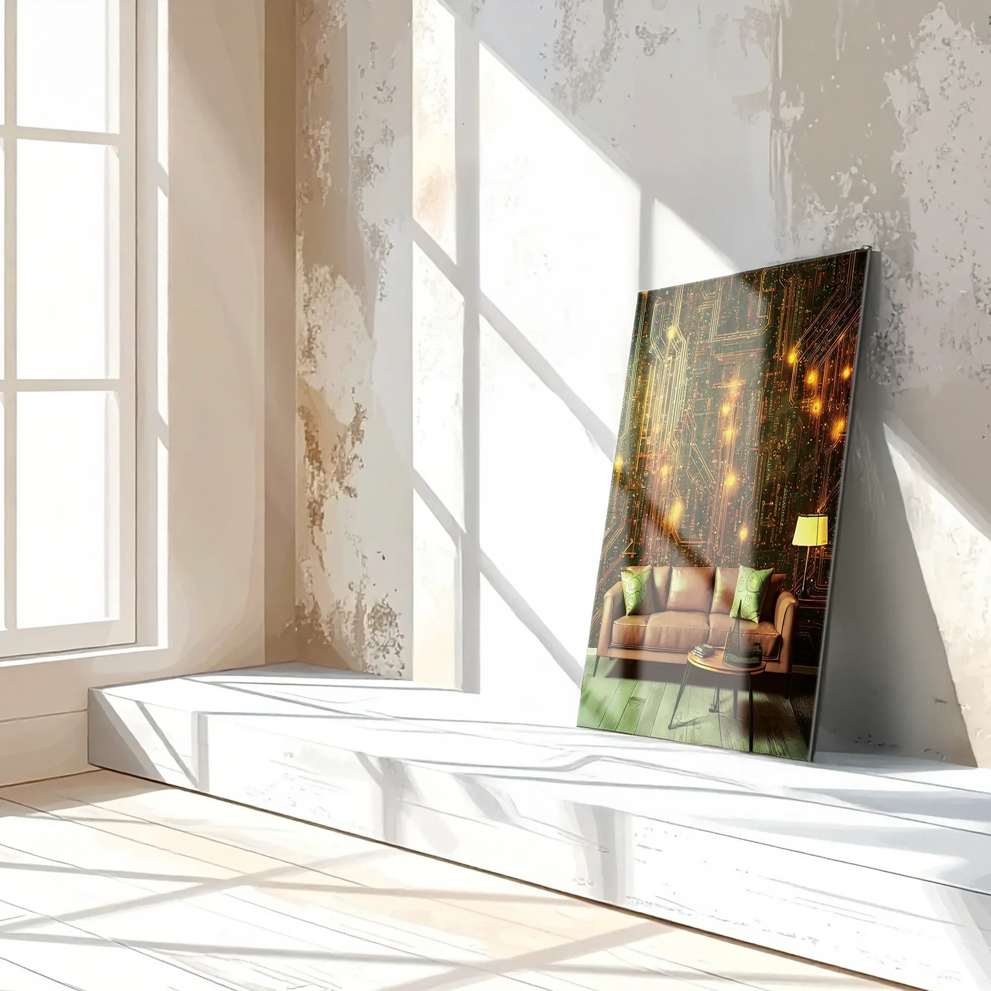 Circuit Board Living Room Glass Wall Art – Futuristic Tech-Inspired Home Scene-KAFCD010 Peony Atelier