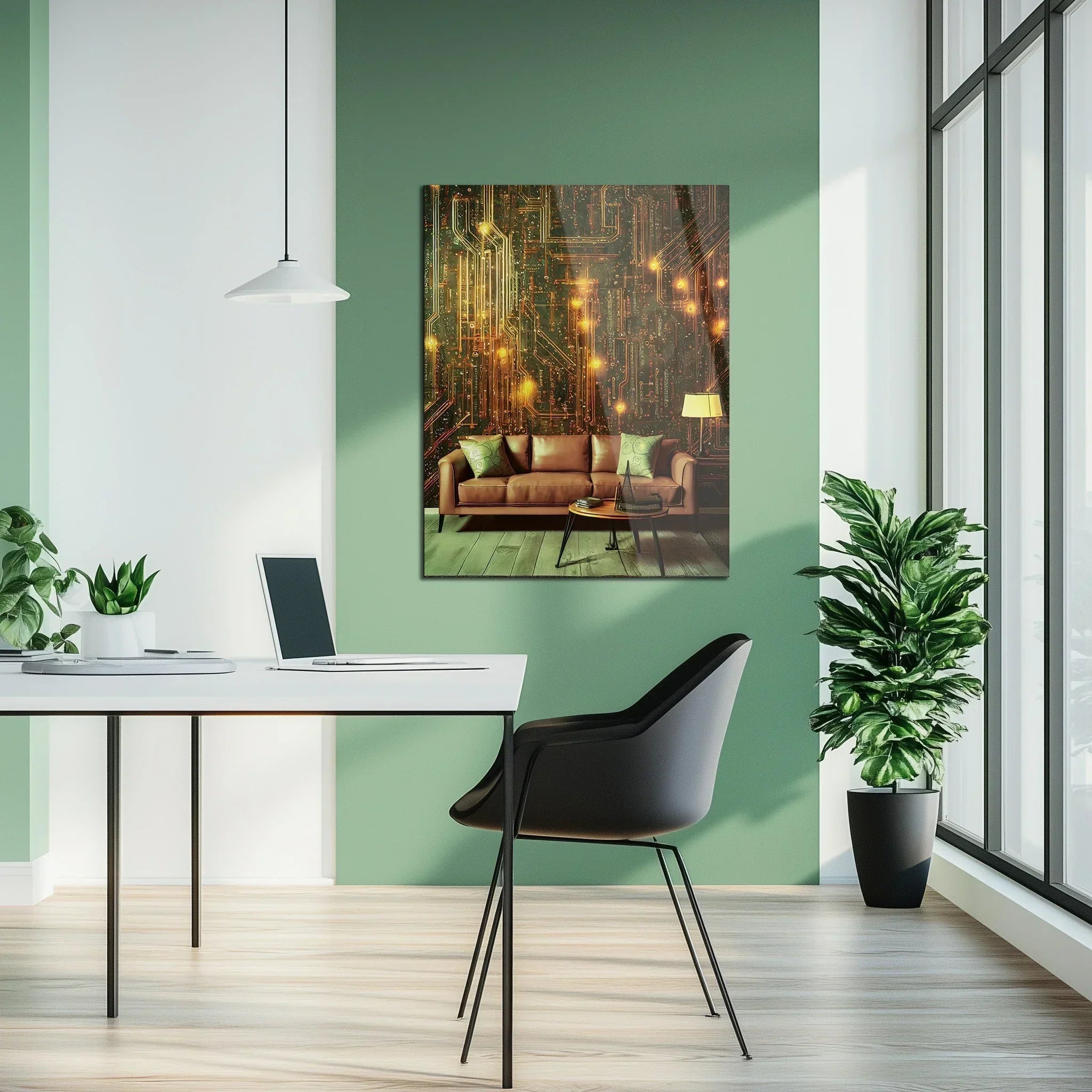 Circuit Board Living Room Glass Wall Art – Futuristic Tech-Inspired Home Scene-KAFCD010 Peony Atelier